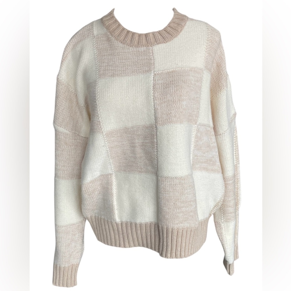 Pinch Women’s Sweater Size Large Check Crew Pullover Neutral Oatmeal & Beige NWT
